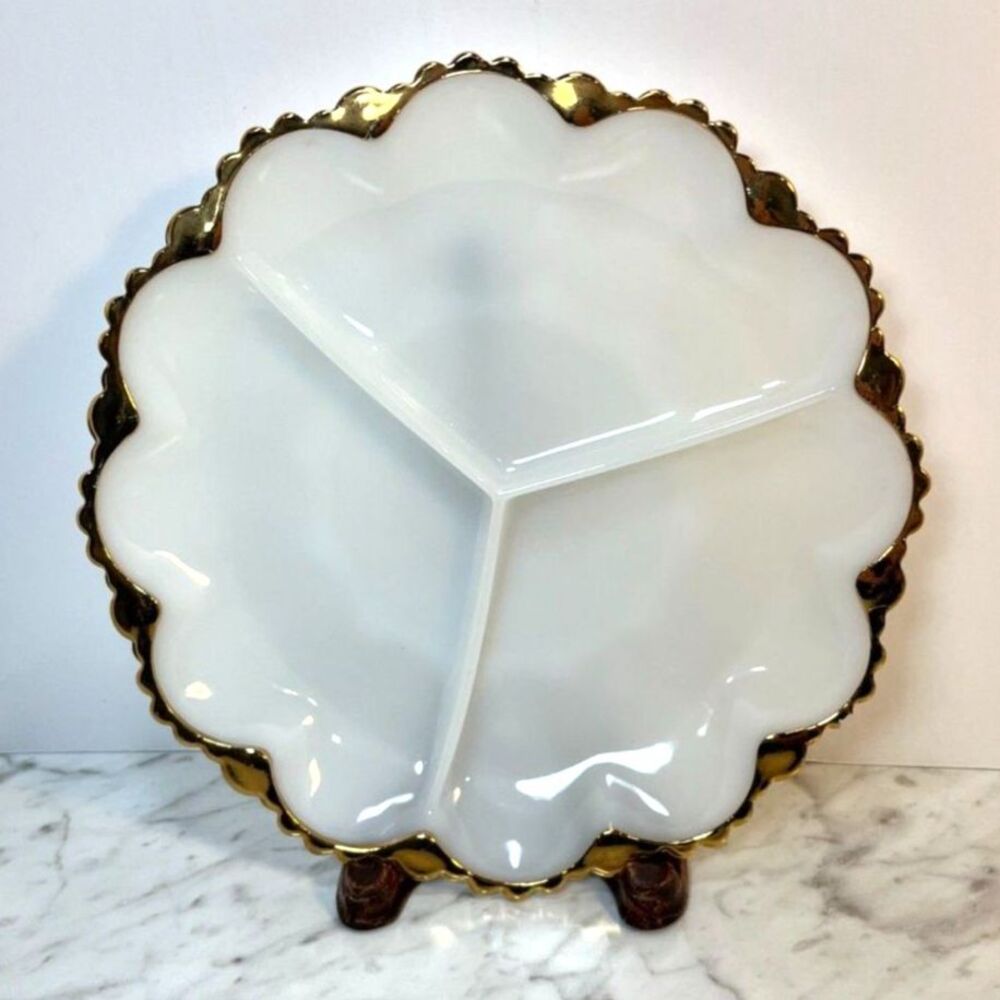 Vintage Anchor Hocking Milk Glass Divided Tray Scalloped Gold Trimmed Edge